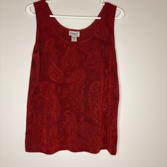 Chico's Tops - CHICOS Travelers Sz 2 Paisley Scoop Neck Textured Tank Red Stretch
